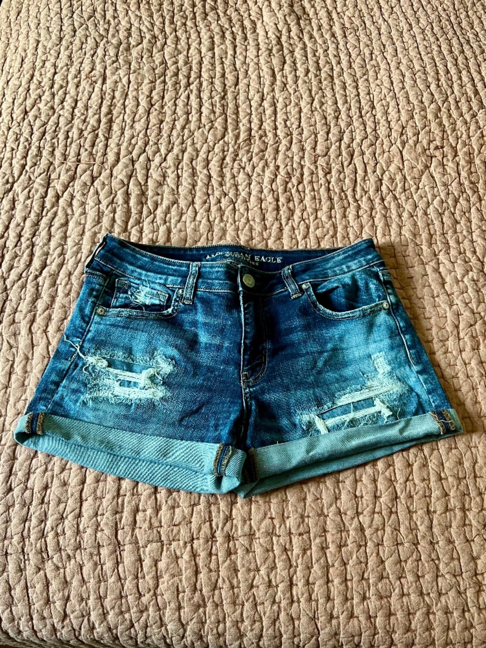 American Eagle Women's Distressed Denim Midi Cuffed Shorts